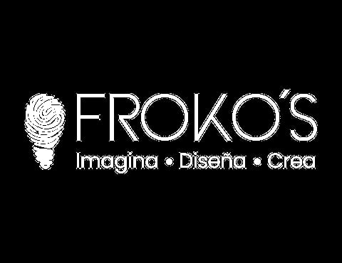 Frokos logo with ice cream cone icon and tagline Imagina, Diseña, Crea on black background